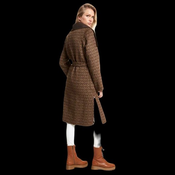 Michael Kors Wool Blend Logo Jacquard Wrap Belted Coat Brown / Black size M - Picture 2 of 7
